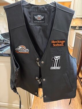 Harley-Davidson Black Leather Vest with Heritage Softail & Patches
